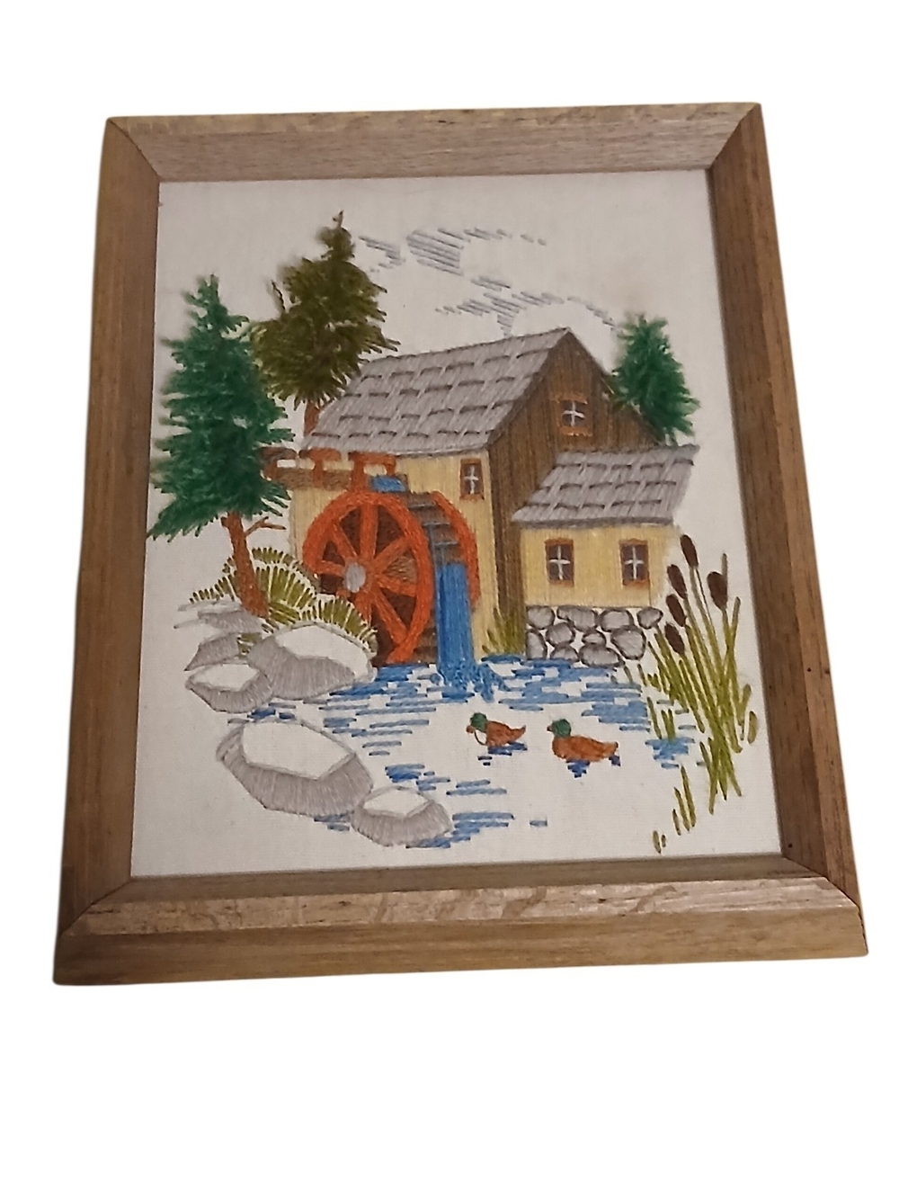 Vintage Crewel Embroidery Framed Creative Circle Pine Valley Mill 1978  Ducks.